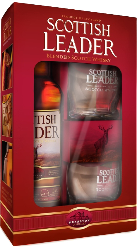 Виски шотландский «Scottish Leader» в подарочной упаковке с двумя стаканами.