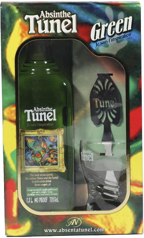 Абсент «Tunel Green gift box with spoon & glass» в подарочной упаковке с ложкой и стаканом.
